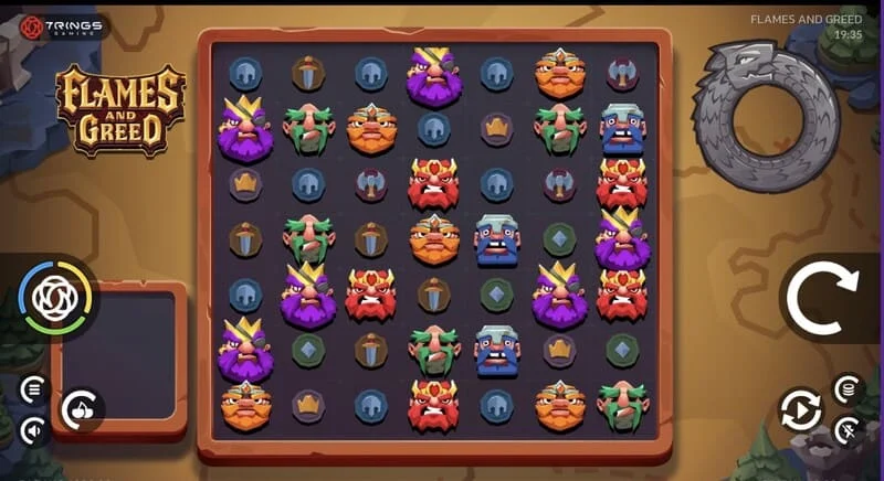 Flames and Greed - main screen with 7x7 grid